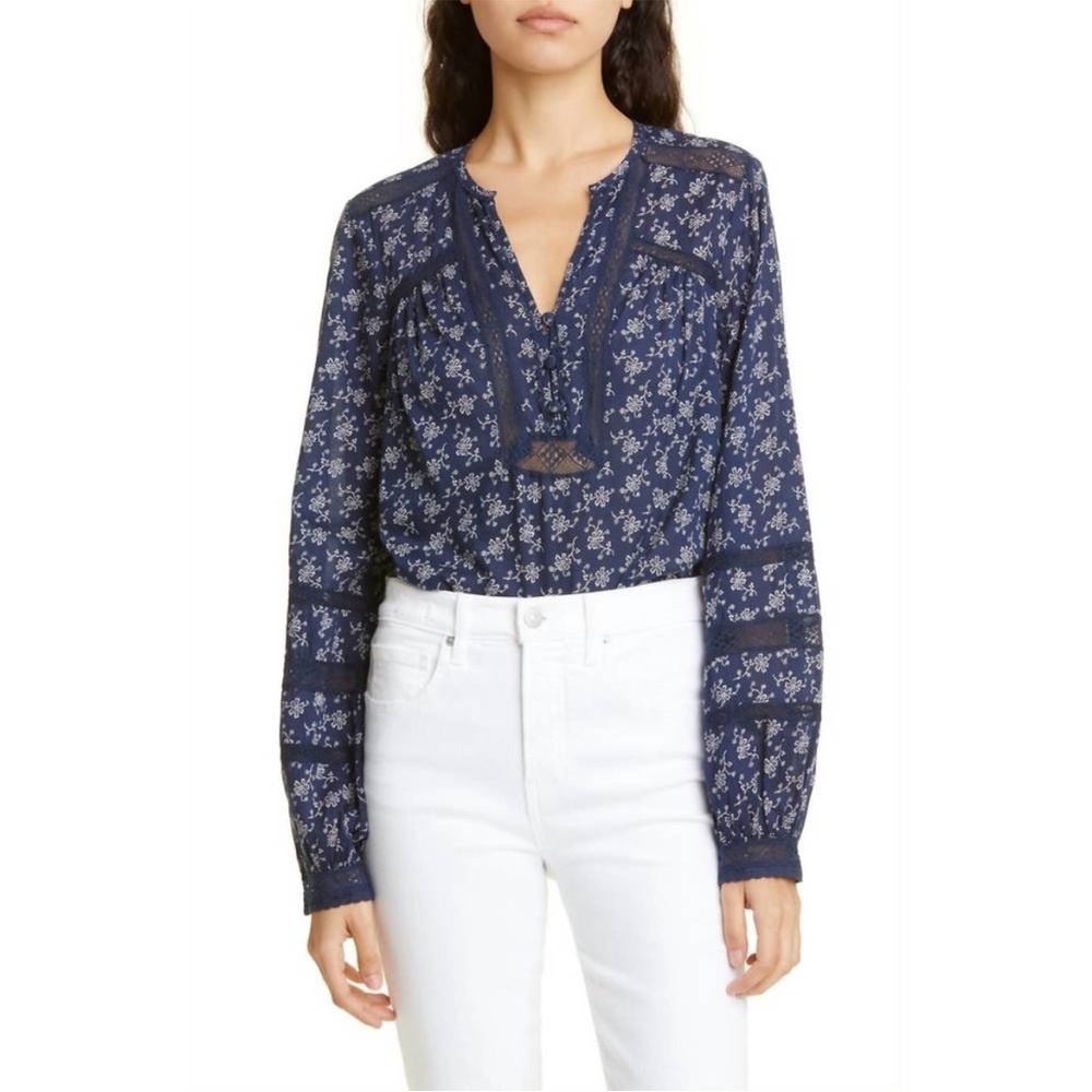 Veronica Beard Kent Floral Embroidered Long-sleeve Top In Marine Blue New Size 2